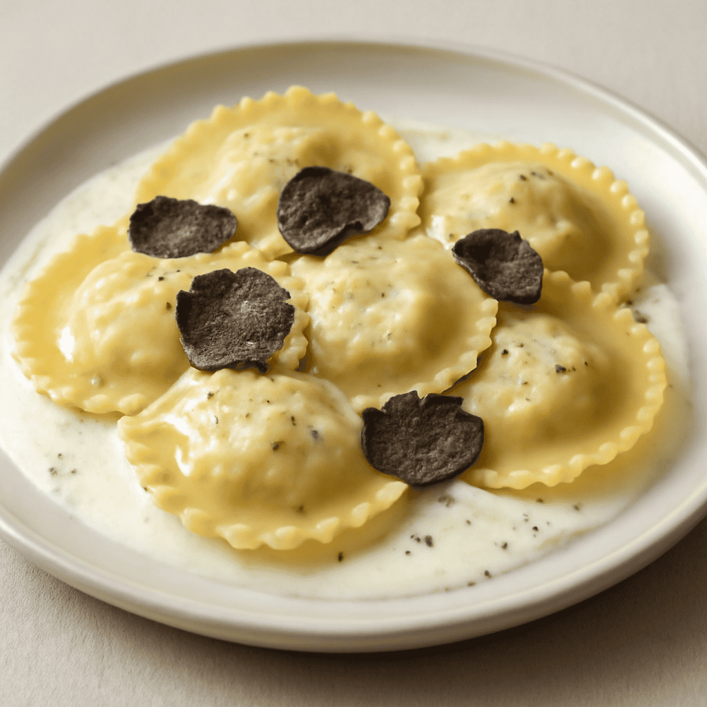 ravioli al tartufo ripieni di ricotta fontina e panna.