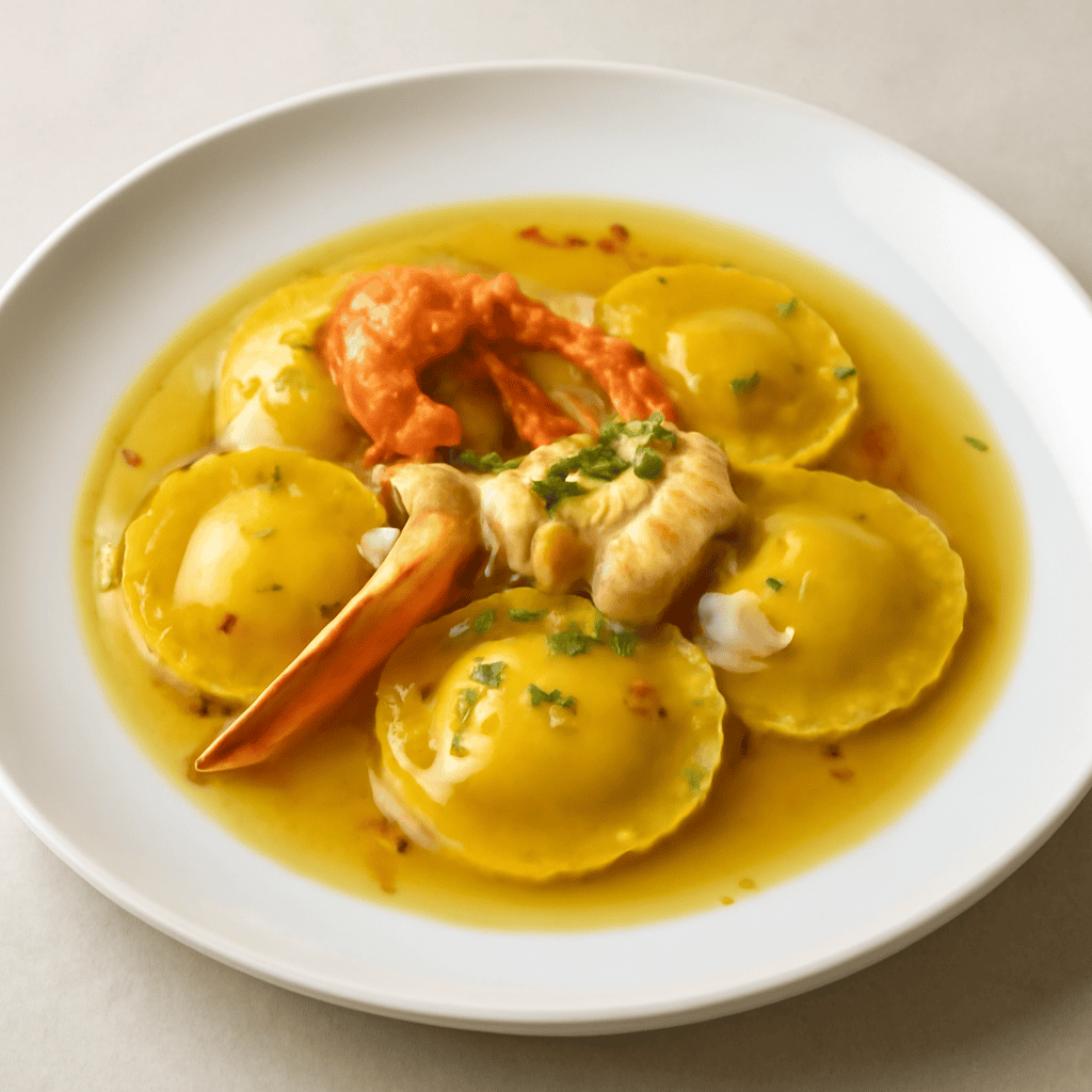 Ravioli allo zafferano ripieni di polpa di crostacei cotti nel loro brodo