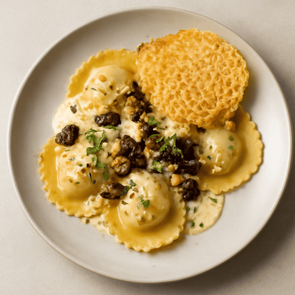 Ravioli di alici, noci olive e fonduta di parmigiano.