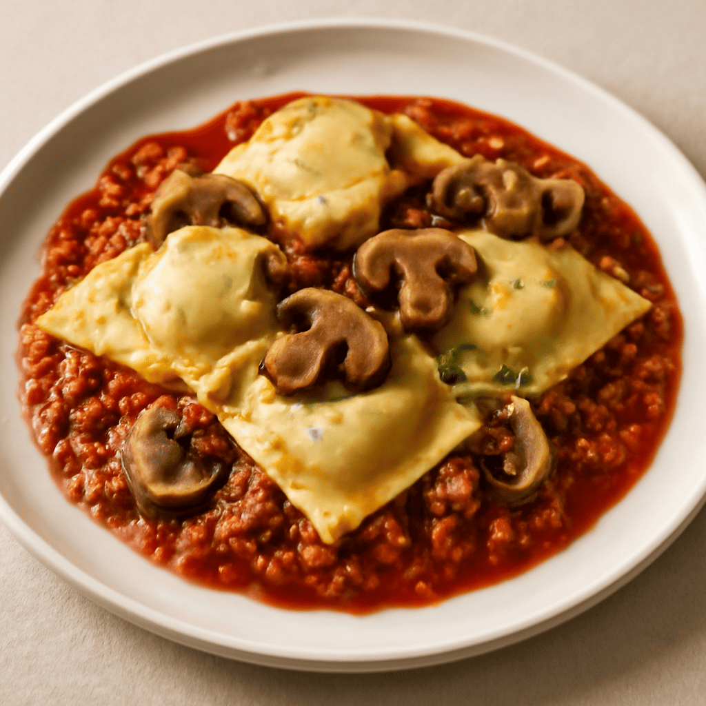 Ravioli di patate e champignon su ragù di tofu.