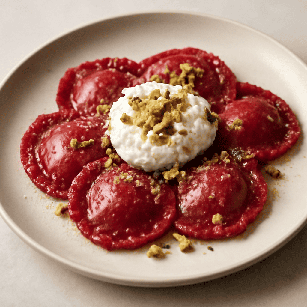 ravioli di rapa rossa con ripieno di burrata e pistacchi.
