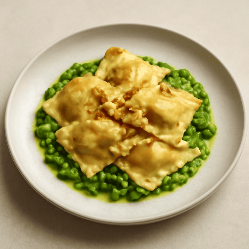 Ravioli gorgonzola e noci con concia di piselli