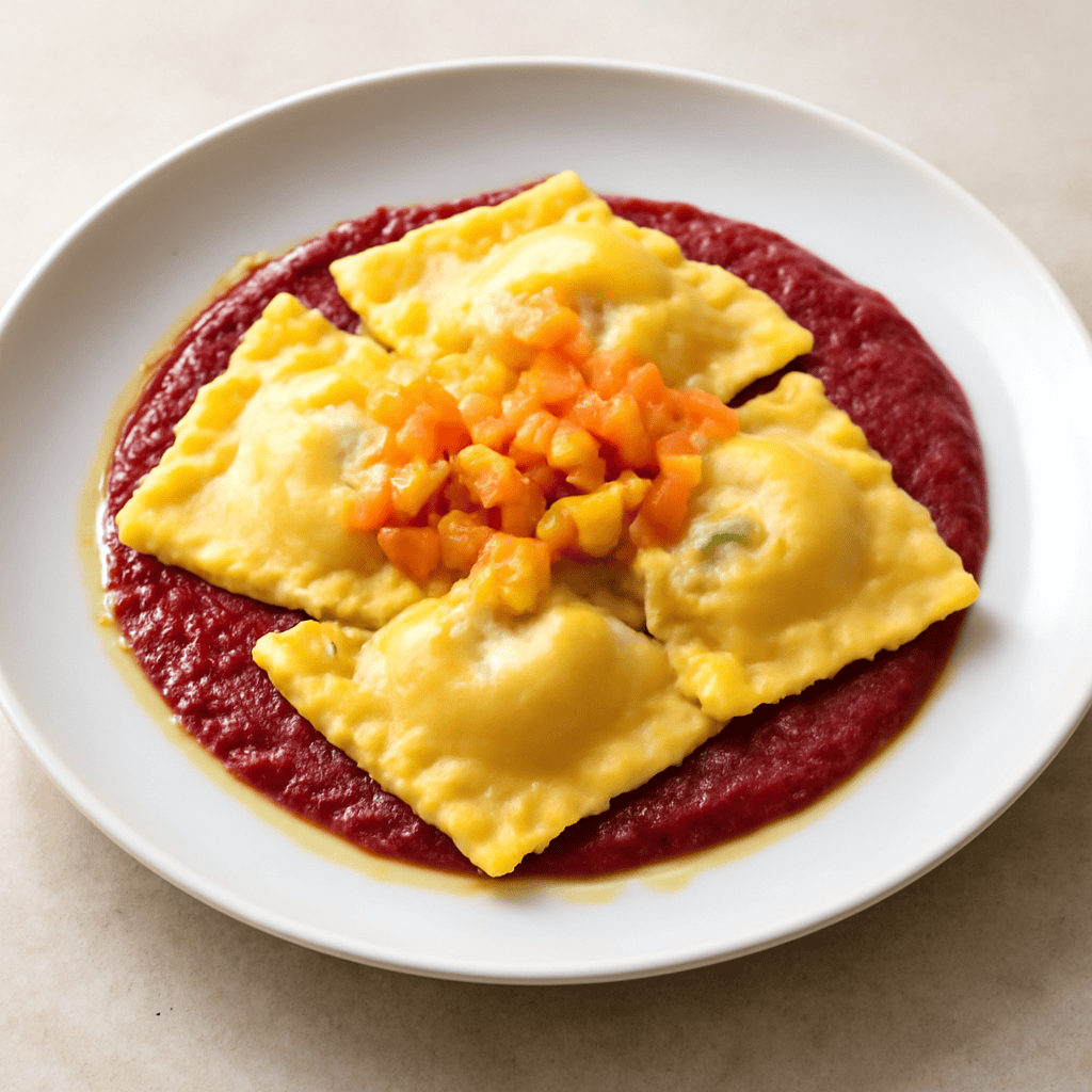 Ravioli ripieni al formaggio caprino e cipolla stufata con crema di rapa rossa e brunoise di carote e peperoni gialli