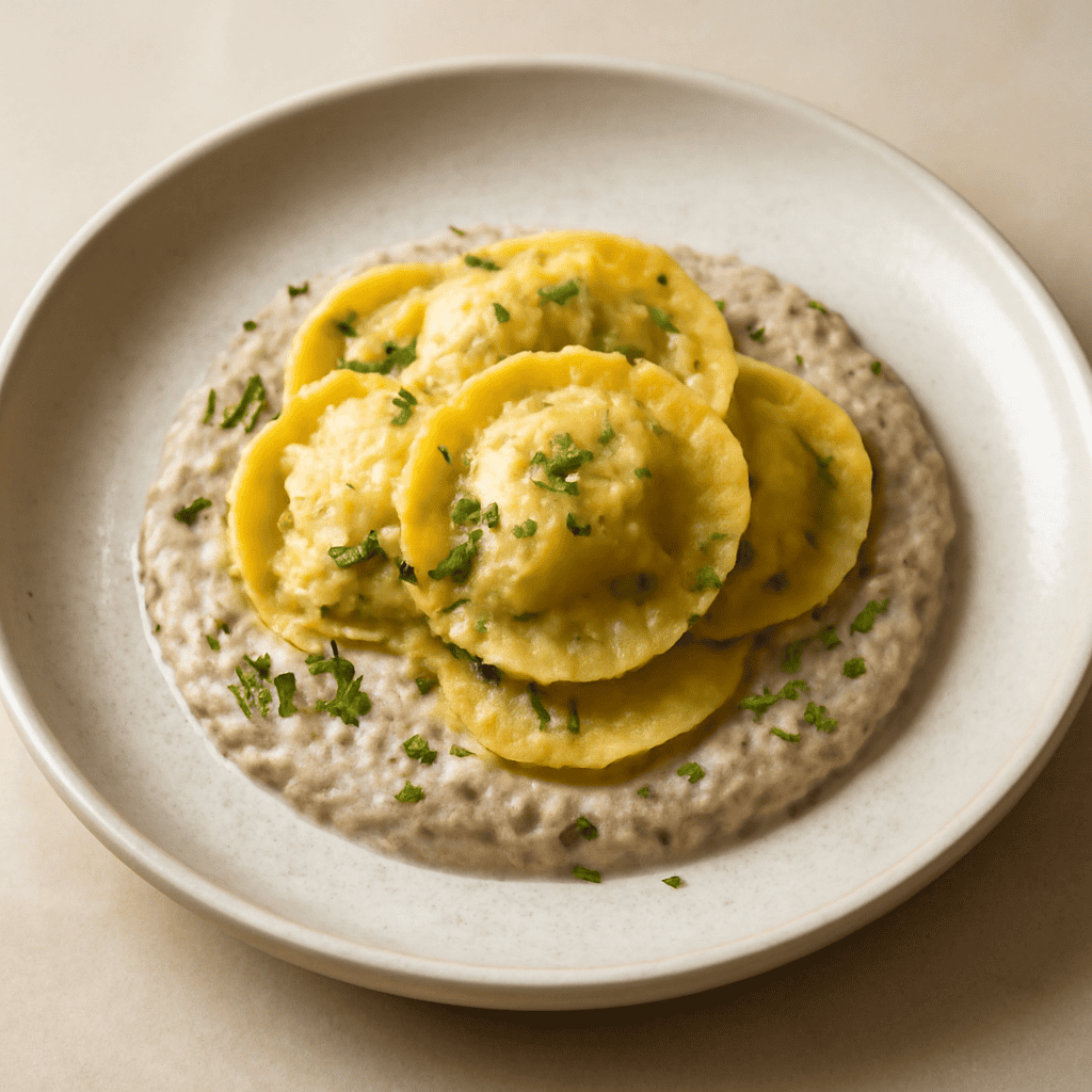 Ravioli ripieni di ricotta su mousse di funghi