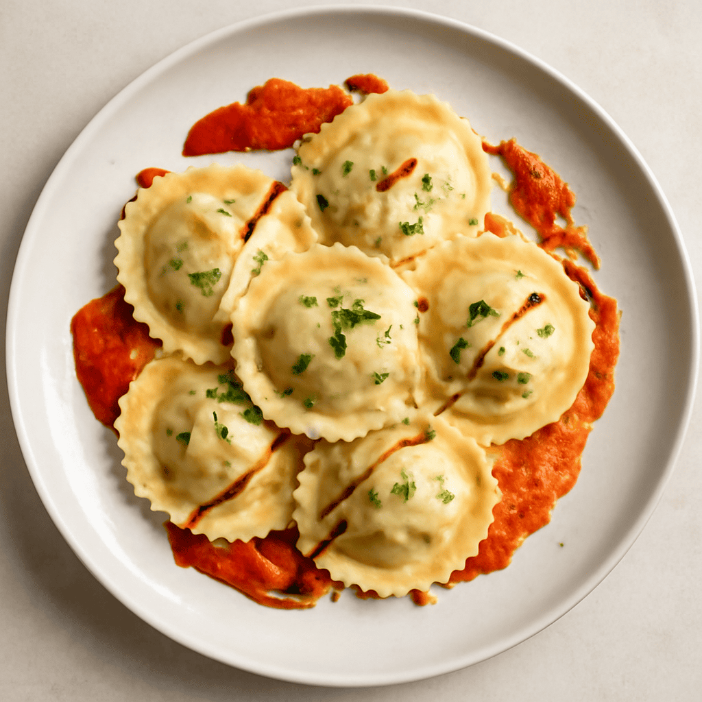 RAVIOLI RIPIENI DI TACCHINO ALL’ERBA CIPOLLINA CON SALSA DI PEPERONI E CAPRINO E RIDUZIONE DI SOIA AL MIELE