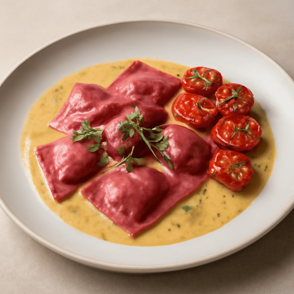 Ravioli rosa alle verdure in salsa saporita al pollo