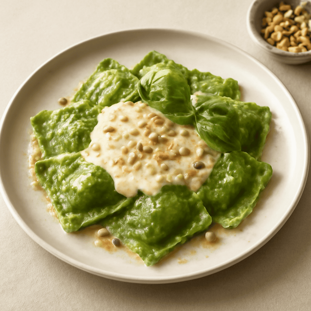 RAVIOLI VERDI DI NOCI E RICOTTA PROFUMATI AL LIME IN SALSA DI PINOLI