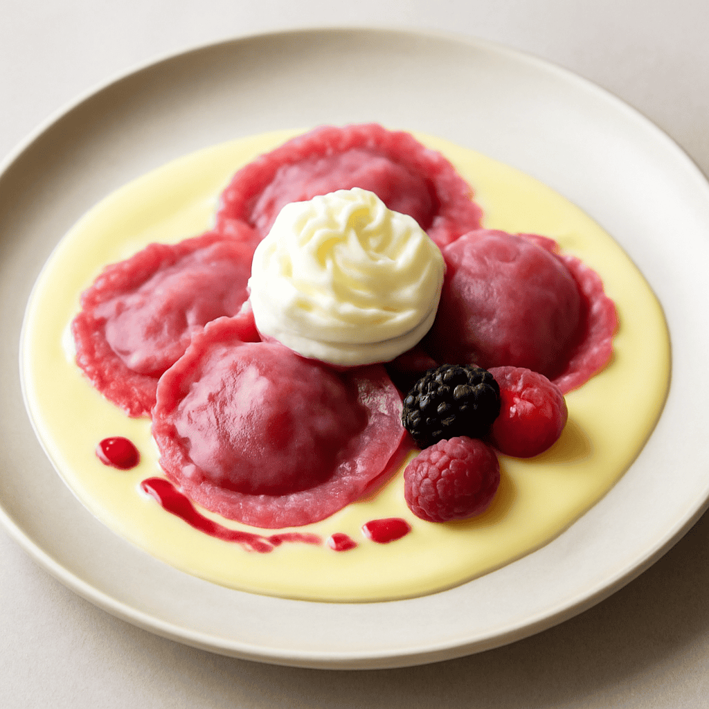 RAVIOLINI DI FRUTTI DI BOSCO RIPIENI DI CREMA AL MASCARPONE E LIME SU CREMA INGLESE