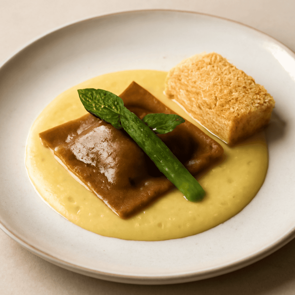 Raviolo al caffé ripieno di asparagi e menta su crema di patate agli agrumi, frolla salata al parmigiano