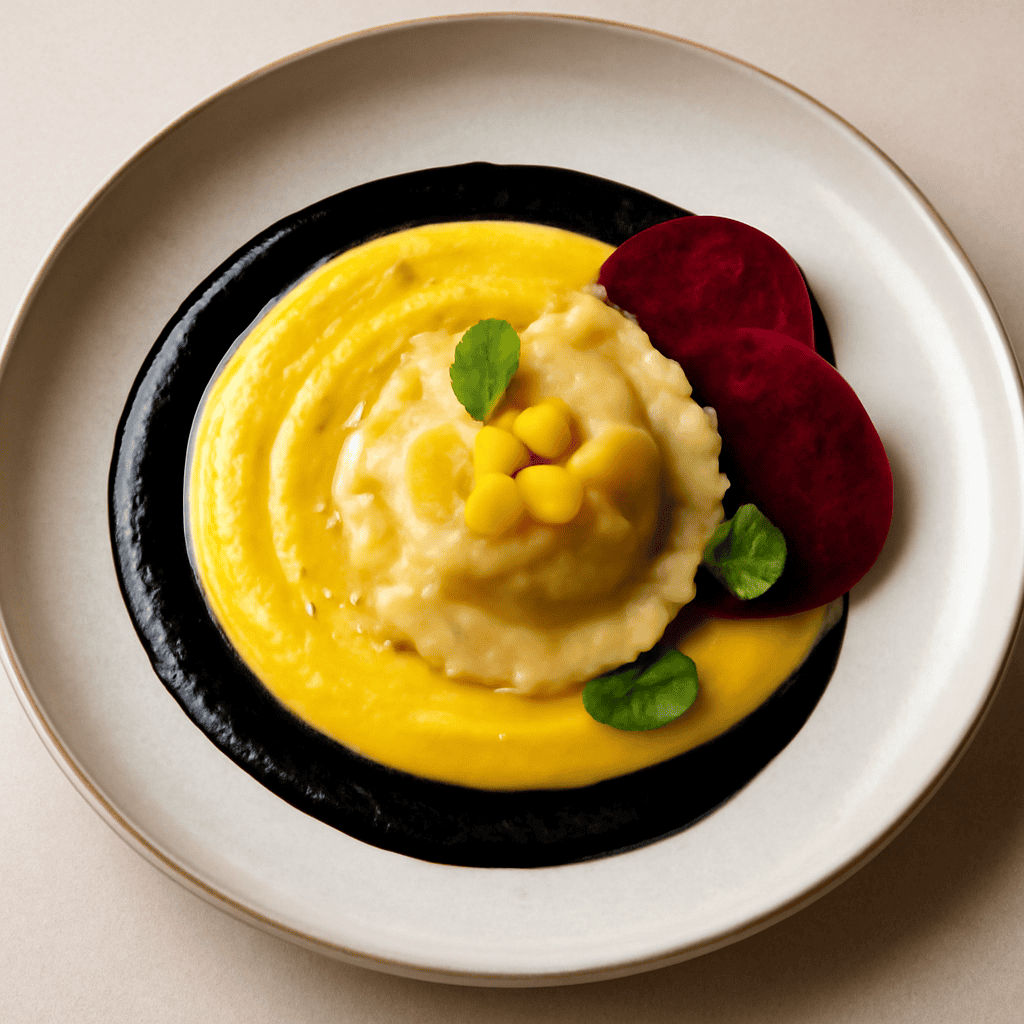 Raviolo di prosecco al mango e rapa rossa con crema di riso alla curcuma e salsa al nero