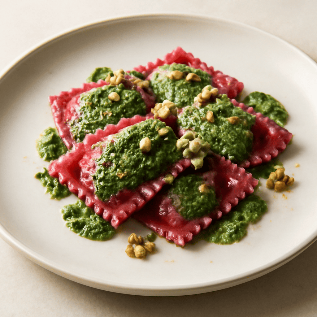 Raviolo rosso al pesto verde