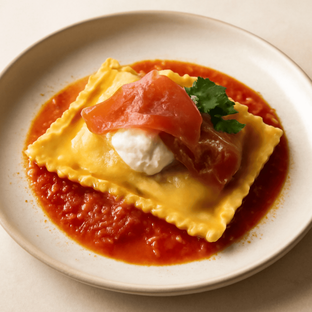 raviolo scomposto con farcia di mozzarella e speck