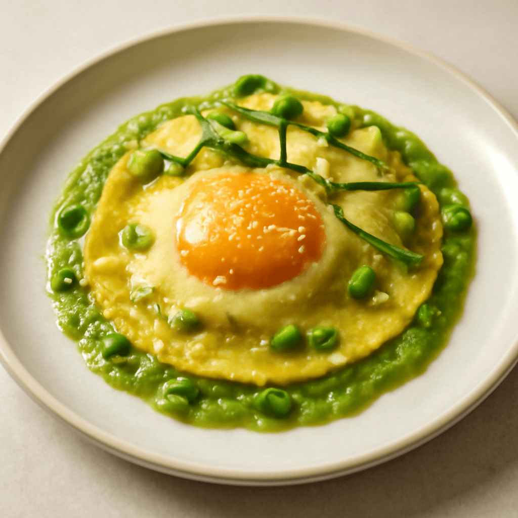 Raviolone al tuorlo d’uovo con zucchine e salsa di piselli