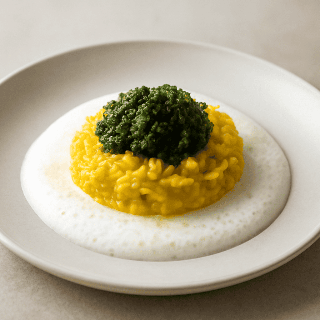 Riso allo zafferano con caviale di rucola su schiuma al parmigiano