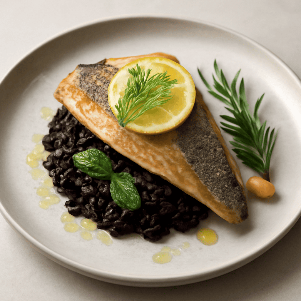Riso venere al profumo di limone e menta con filetto di branzino