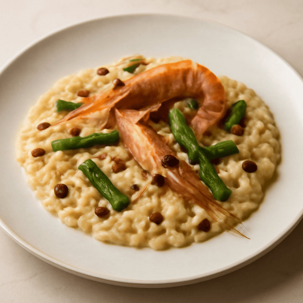 Risotto agli scampi e asparagi con gocce di Caffè