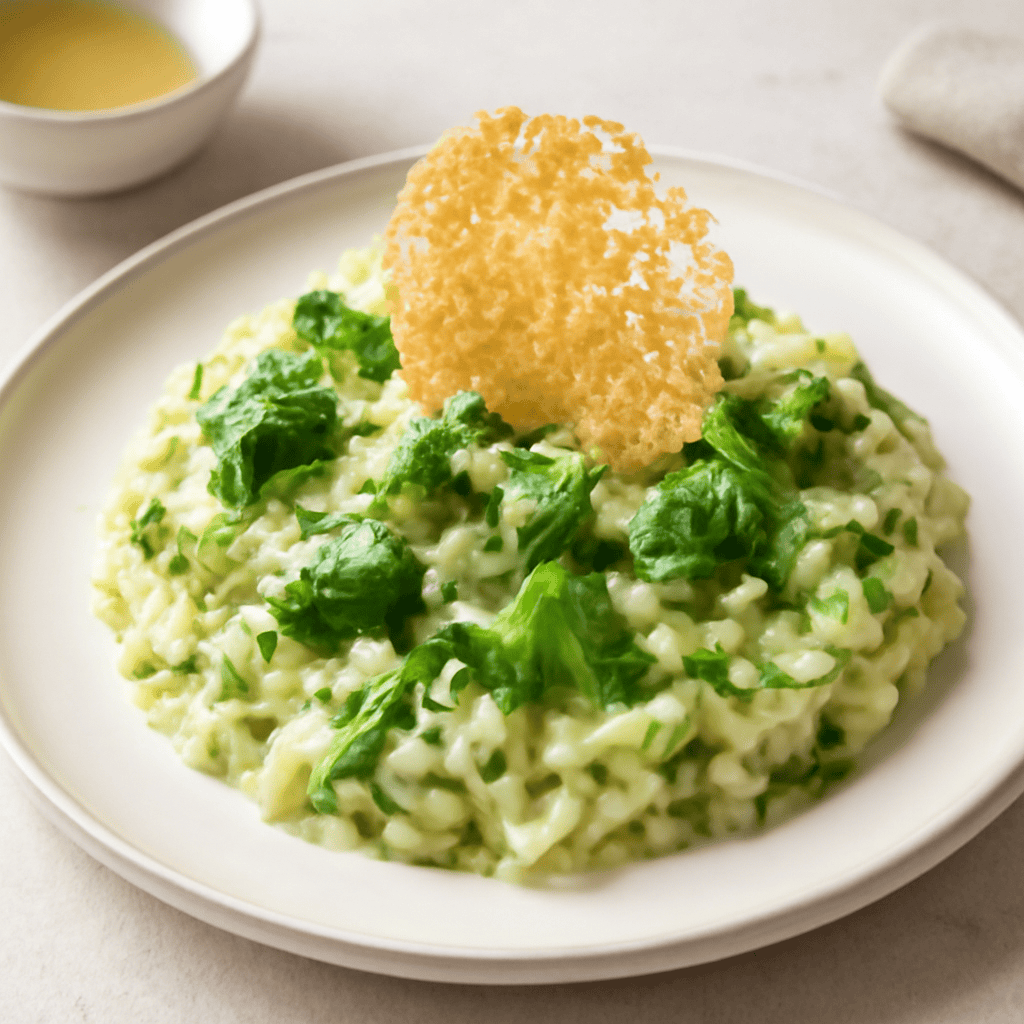 Risotto ai broccoli, aneto e erba cipollina, con cialda al parmigiano
