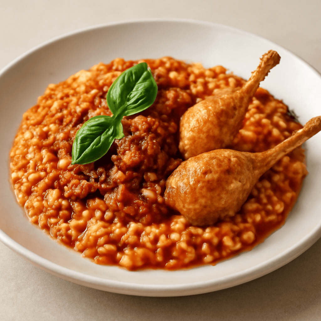 Risotto al ragù di quaglia ed cosce fritte dorate con basilico