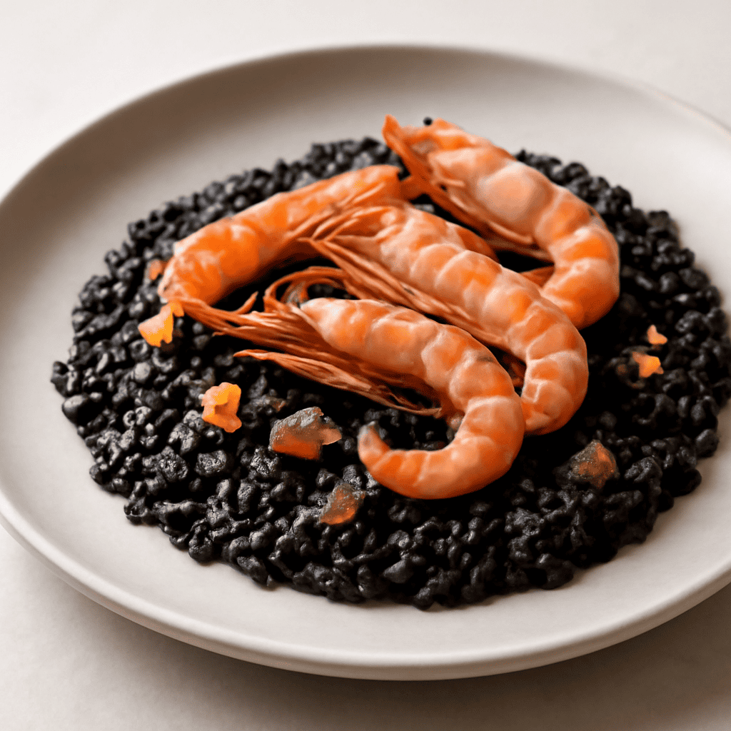 Risotto al the nero con scampi e scorza di pompelmo candita