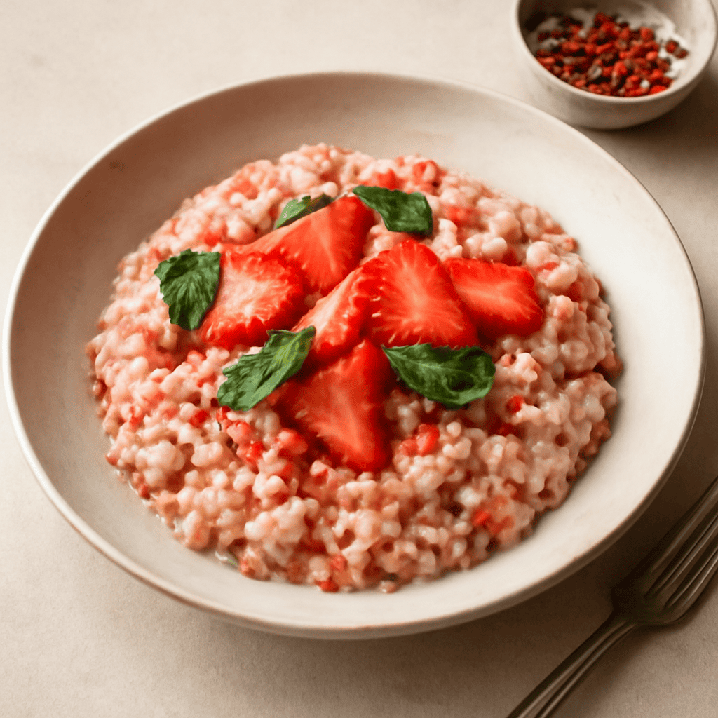 Risotto alle fragole, menta e pepe rosa