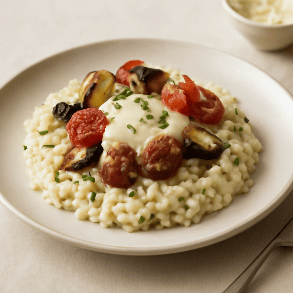 Risotto alle melanzane con besciamella e cuore di salsiccia