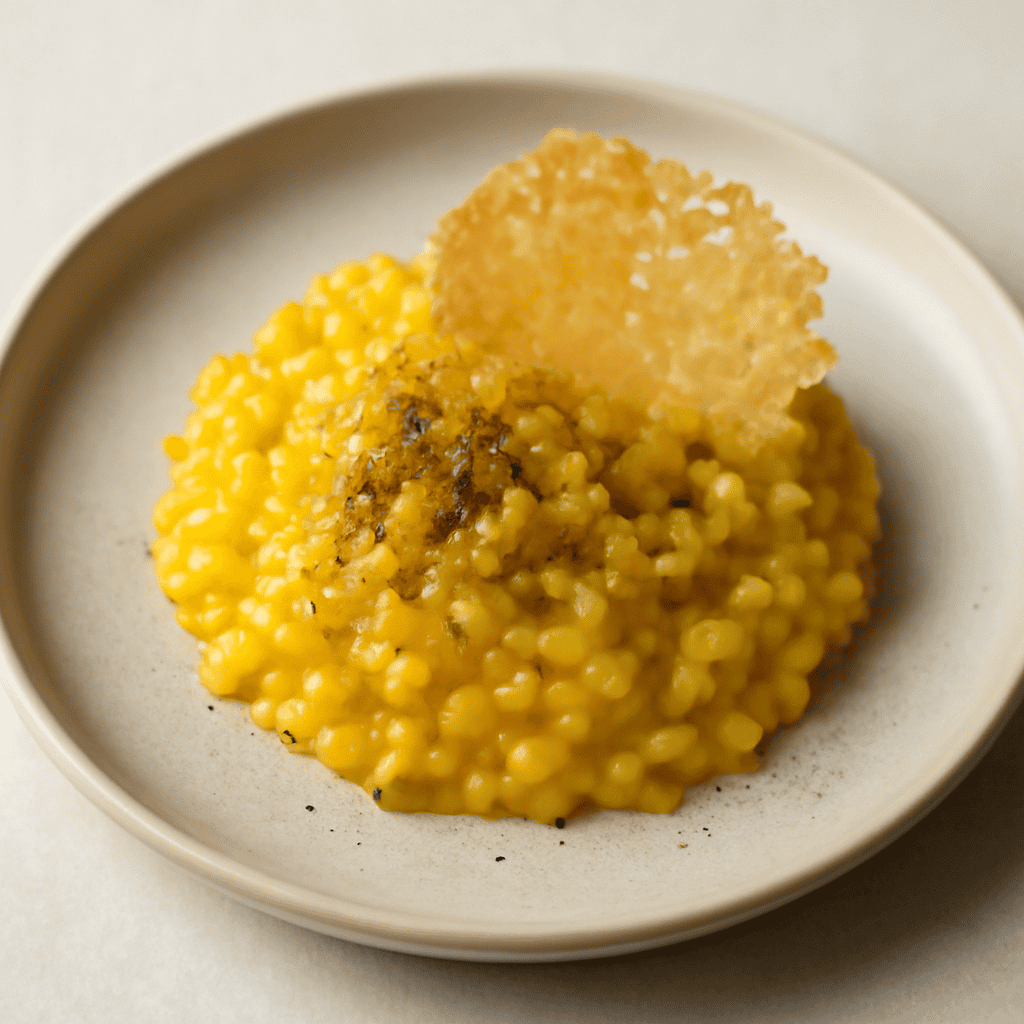 Risotto allo zafferano con polvere di liquirizia e cialda di Parmigiano