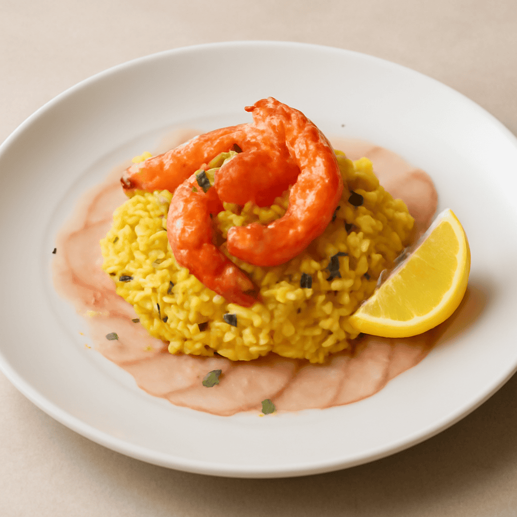 RISOTTO ALLO ZAFFERANO E GAMBERI SU CARPACCIO DI MAZANCOLLE