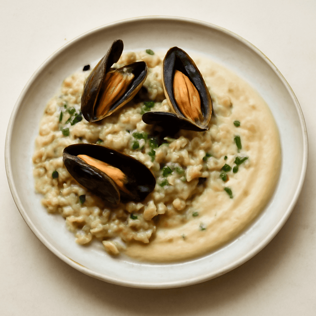 Risotto con cozze e crema di fagioli all’erba cipollina