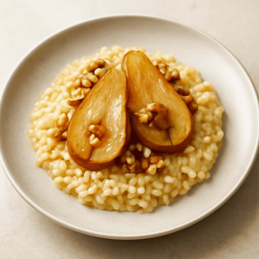 Risotto con pere caramellate al miele d’acacia e noci, mantecato con Bagoss stagionato 18 mesi