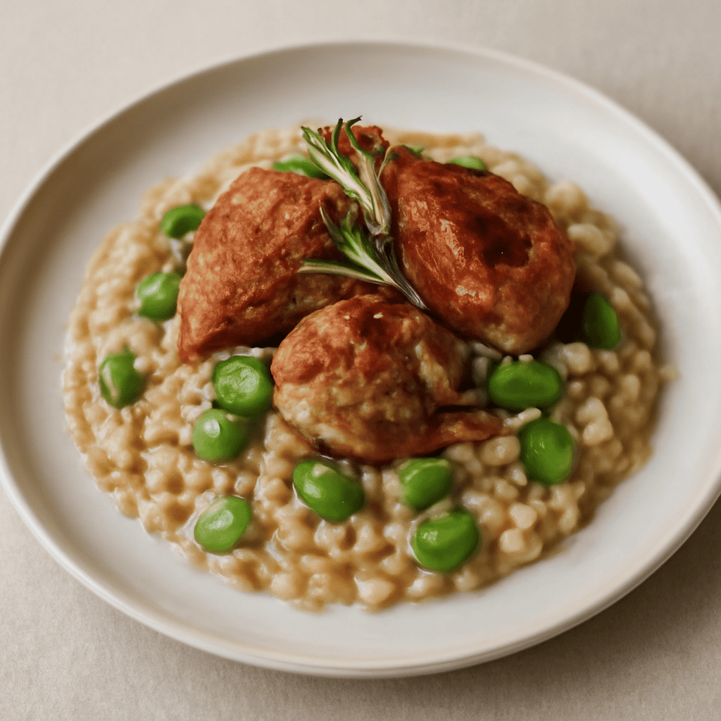 Risotto di quaglia e fave aromatizzato al marsala