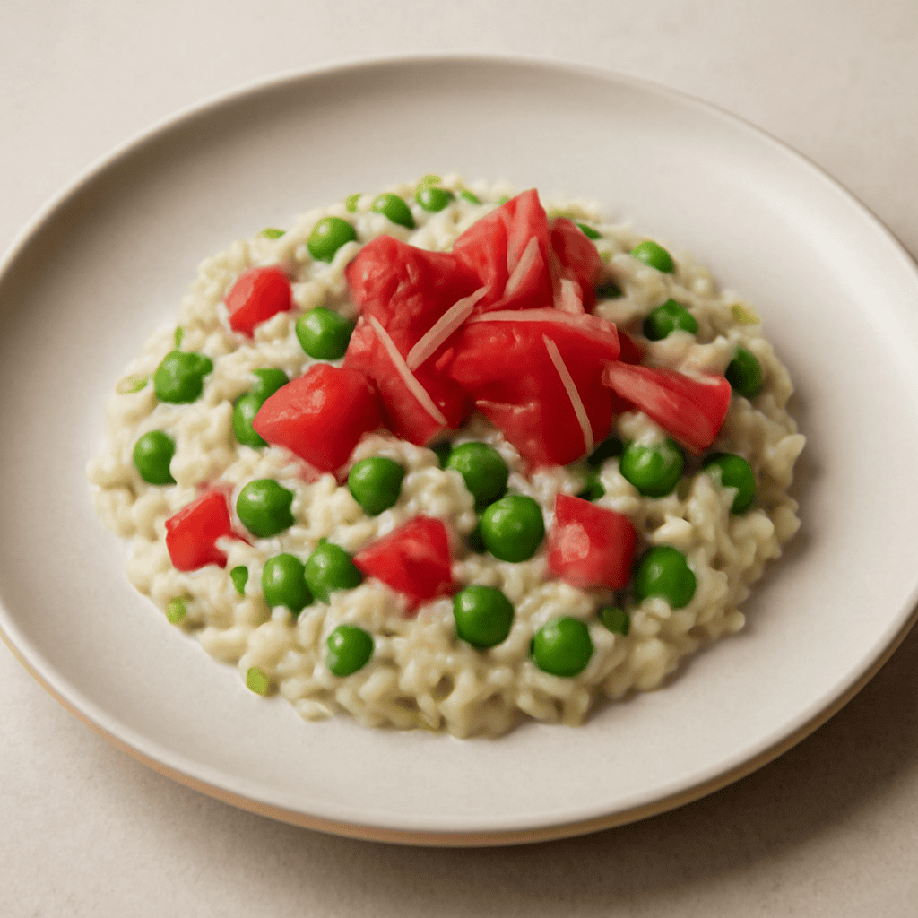 Risotto piselli e cocomero con fili di speck