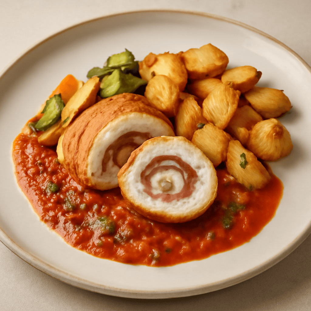 Rollè di pollo ripieno con salsa all’arrabbiata e patate croccanti