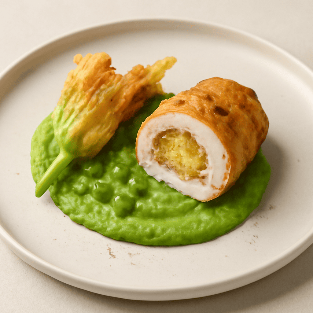 Rotolino di pollo al curry con crema di piselli e fiore di zucca in tempura