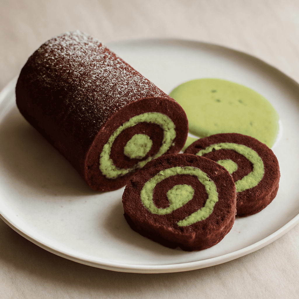 Rotolo al cacao con crema al matcha
