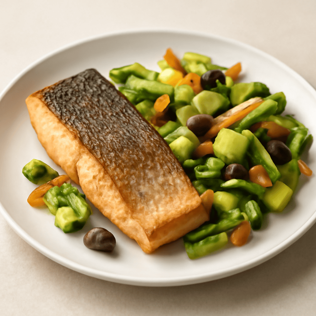 SALMONE ARROSTITO SULLA PELLE CON INSALATA DI AVOCADO, OLIVE TAGGIASCHE E VERDURE CROCCANTI