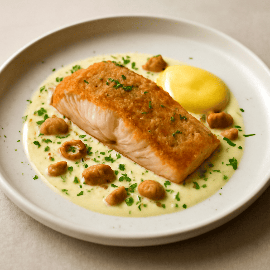 Salmone cotto in forno con salsa di tuorli e crema di latte.