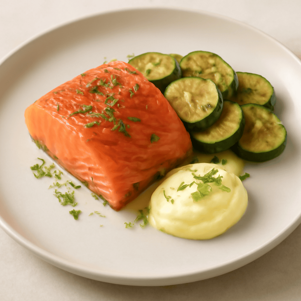 Salmone marinato al lime con zucchine saltate e Maionese al finocchietto