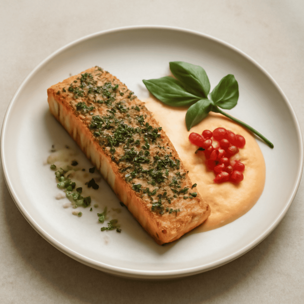 salmone marinato alle erbe con crema di papaya e ribes.