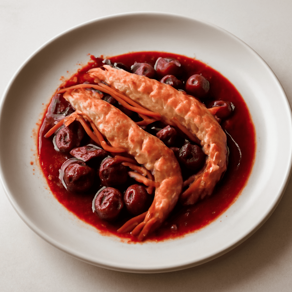 Scampi speziati in salsa di ciliegie