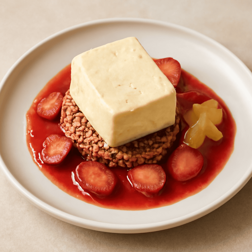 Semifreddo al miele su cialda di farro soffiato con salsa di fragole e zenzero