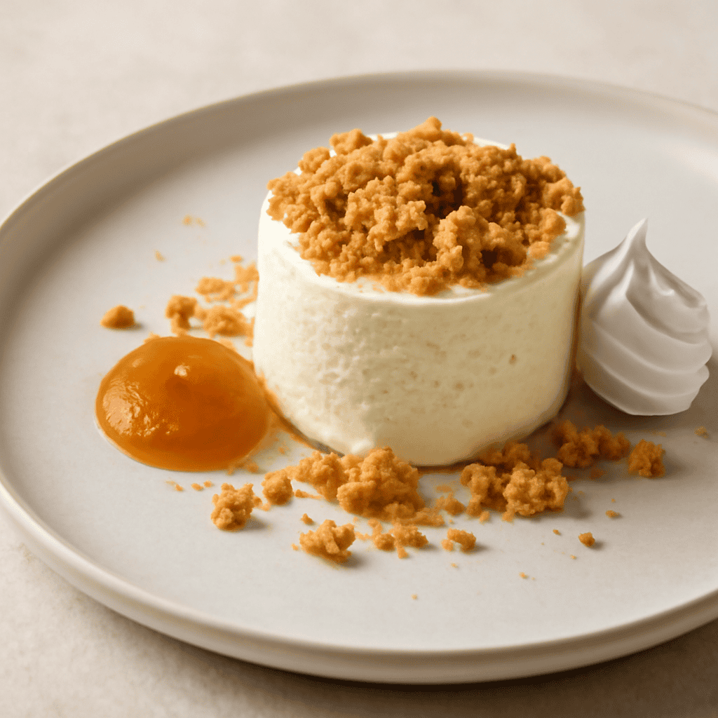 Semifreddo allo yogurt e amaretti con crumble alla cannella e gelé alla pesca
