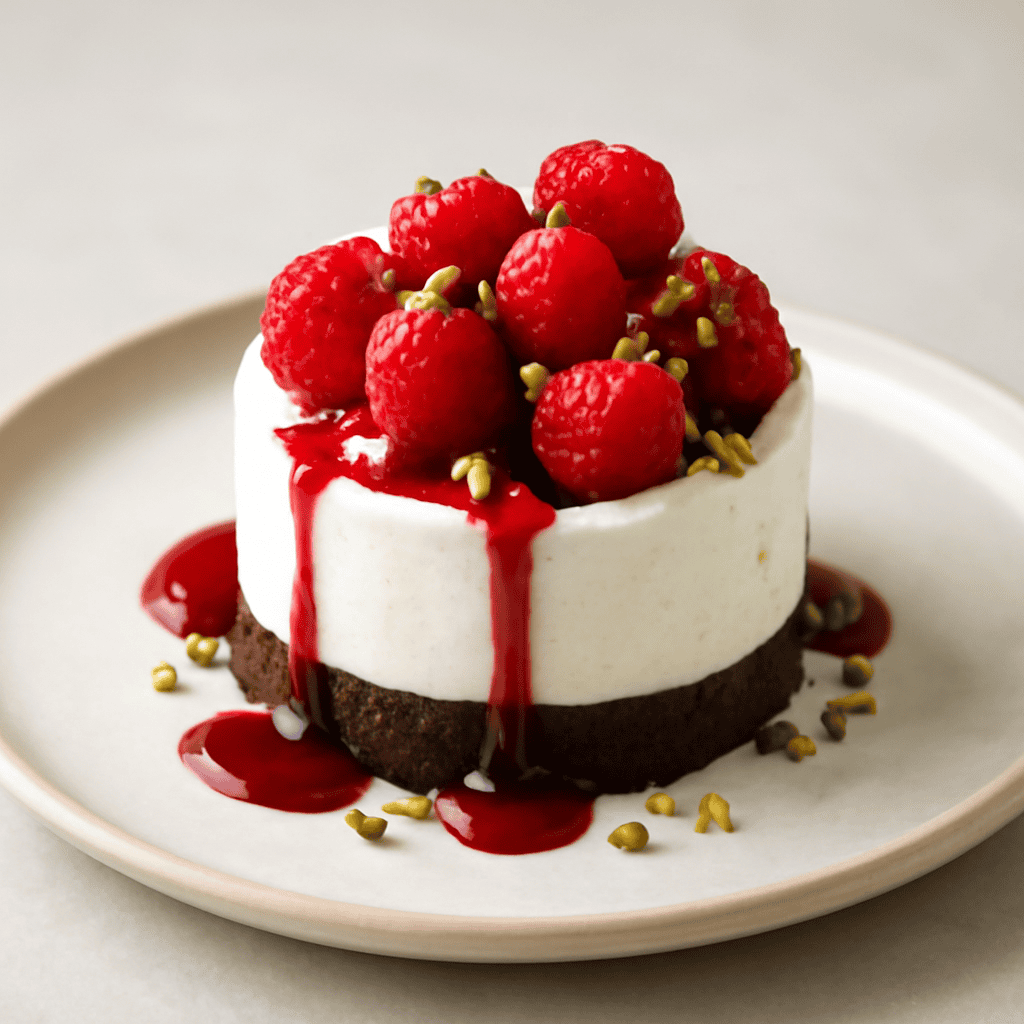 Semifreddo philadelphia e lamponi con granella di pistacchi su bisquit al cacao