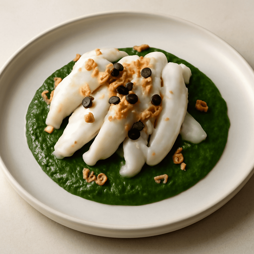 Seppie al vapore con granella di noci e caviale di aceto balsamico Su crema di spinaci aromatizzati al cardamomo
