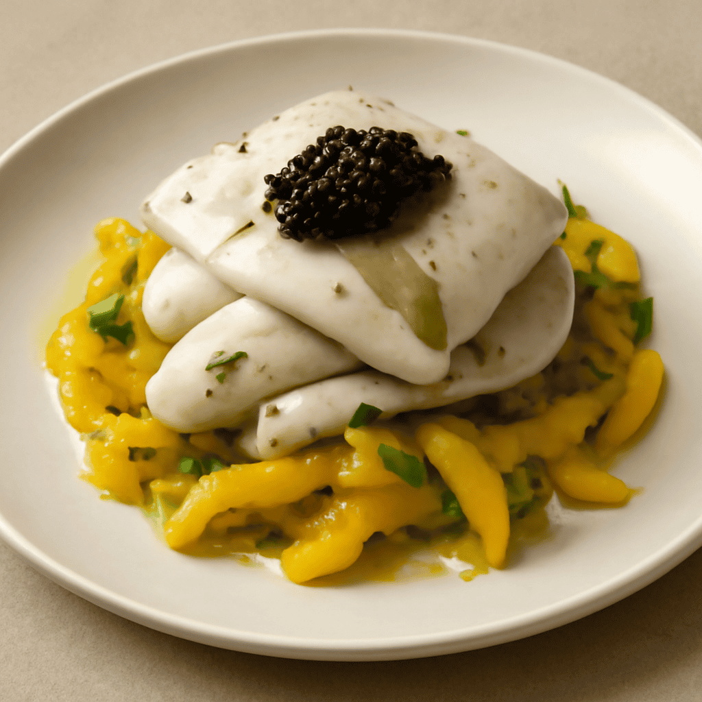 Seppie al vapore di tonka e alloro con caviale di aceto balsamico Su insalata di peperone giallo arrosto