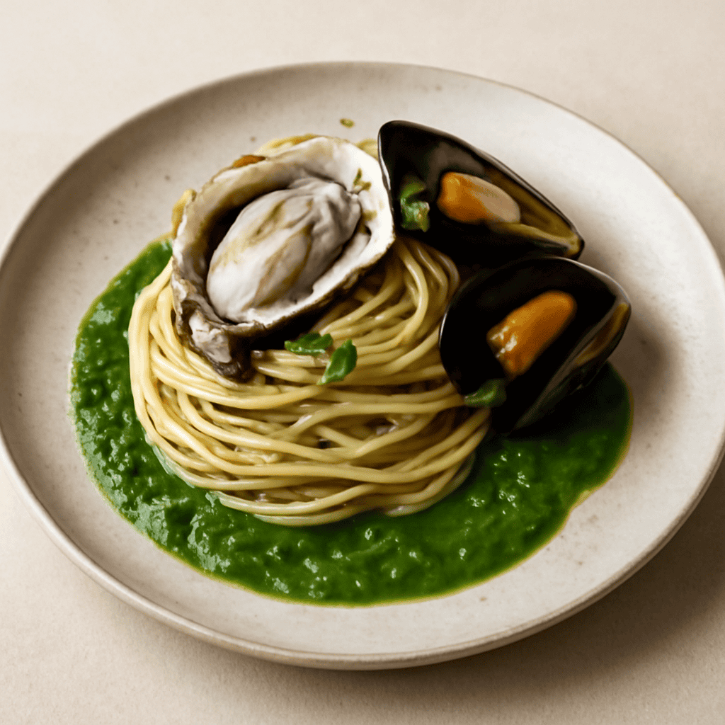 Spaghetti al battuto di ostriche su specchio di prezzemolo