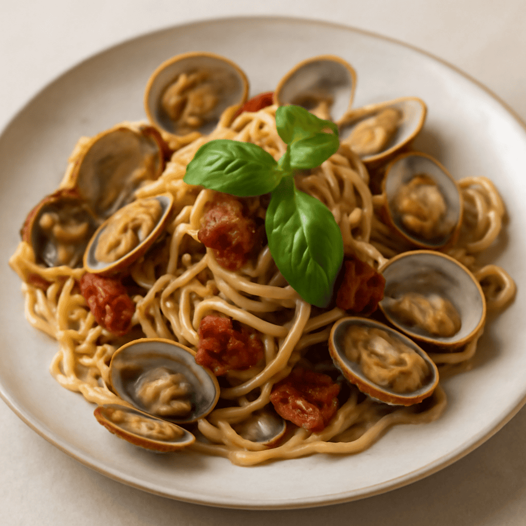 Spaghetti con vongole,pomodorini secchi e basilico