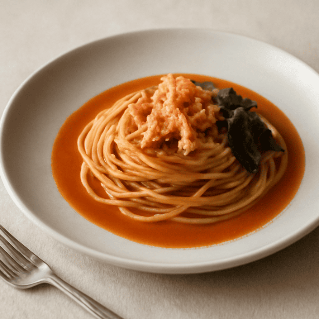 Spaghetti di gragnano con bisque di granchietti e alga kombu