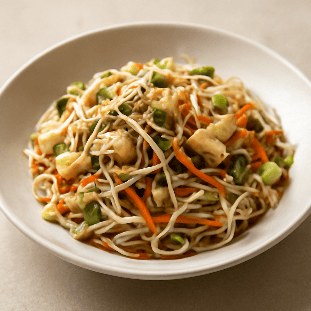 Spaghetti di Riso con Coriandoli di Verdure e Pollo
