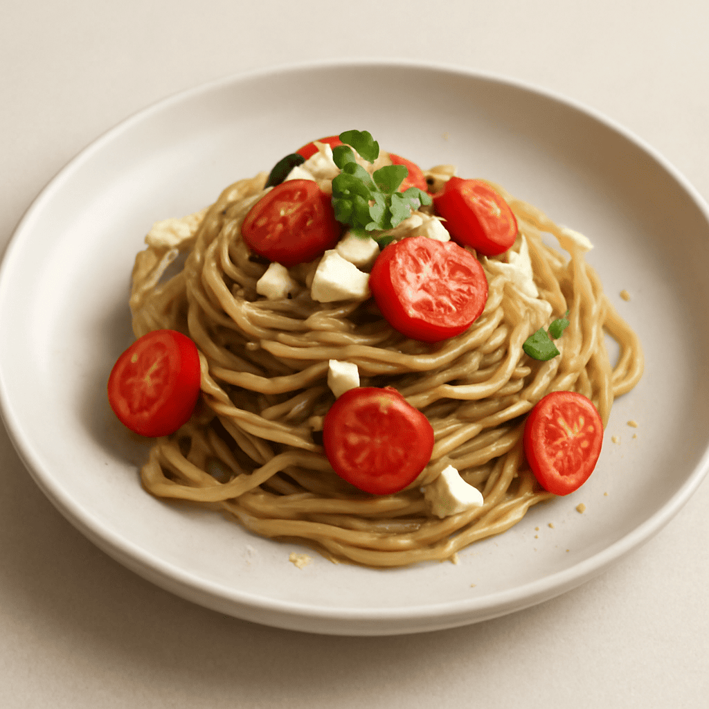 SPAGHETTONI CON CREMA DI MELANZANE,POMODORINI E FETA