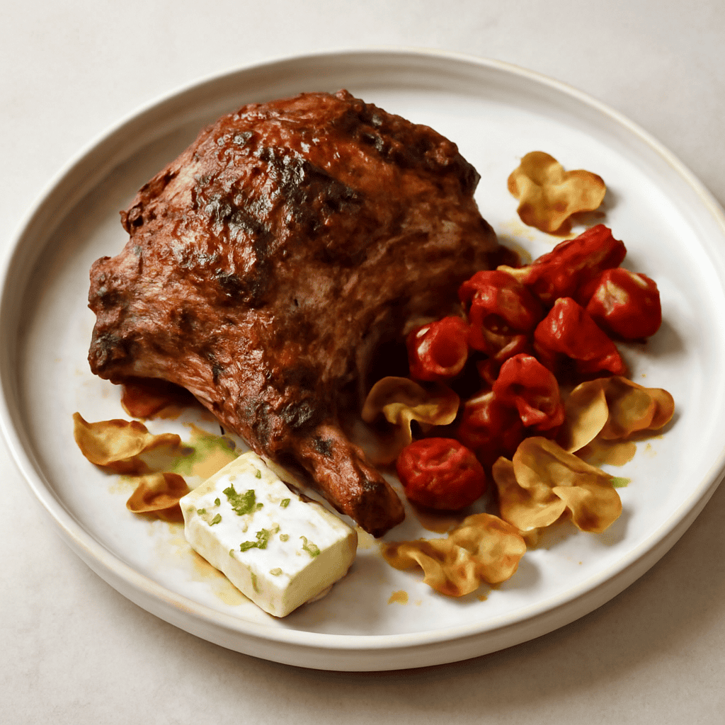 spalla d’agnello al forno con feta pomodori confee e funghi chips